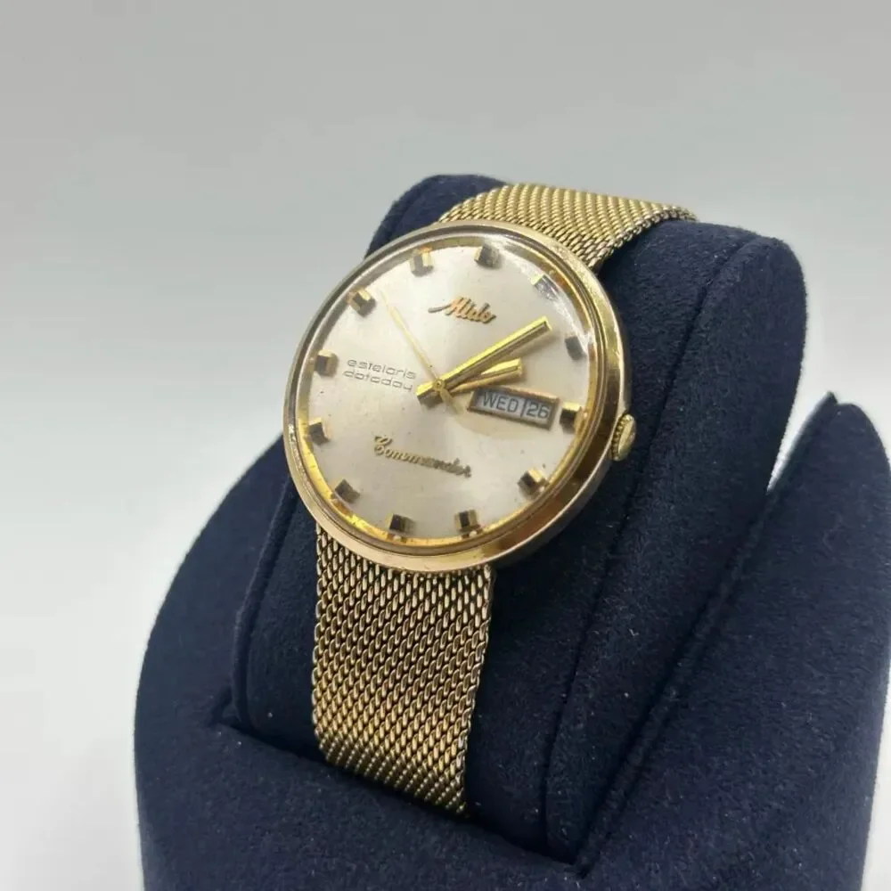 Vintage Mido Commander Estelaris Datoday Gold Tone Mesh Bracelet Watch 0583